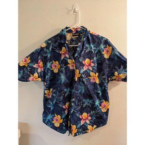 Caribou Hawaiian Shirt Women's Medium Blue Flowers